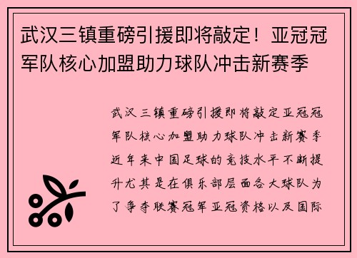 武汉三镇重磅引援即将敲定！亚冠冠军队核心加盟助力球队冲击新赛季