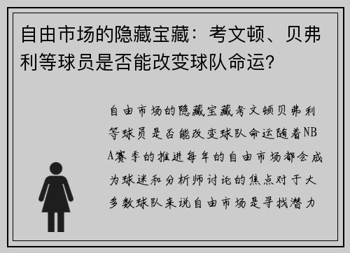 自由市场的隐藏宝藏：考文顿、贝弗利等球员是否能改变球队命运？