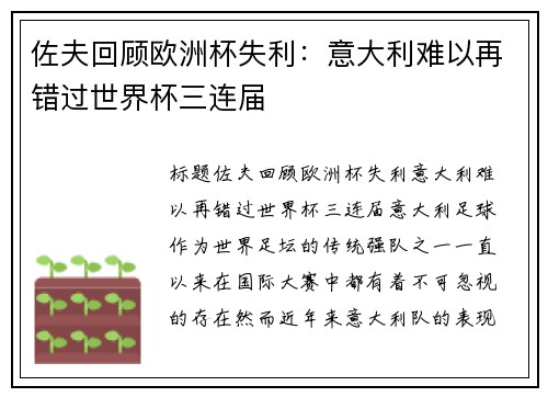 佐夫回顾欧洲杯失利：意大利难以再错过世界杯三连届