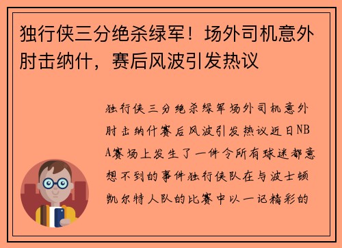 独行侠三分绝杀绿军！场外司机意外肘击纳什，赛后风波引发热议